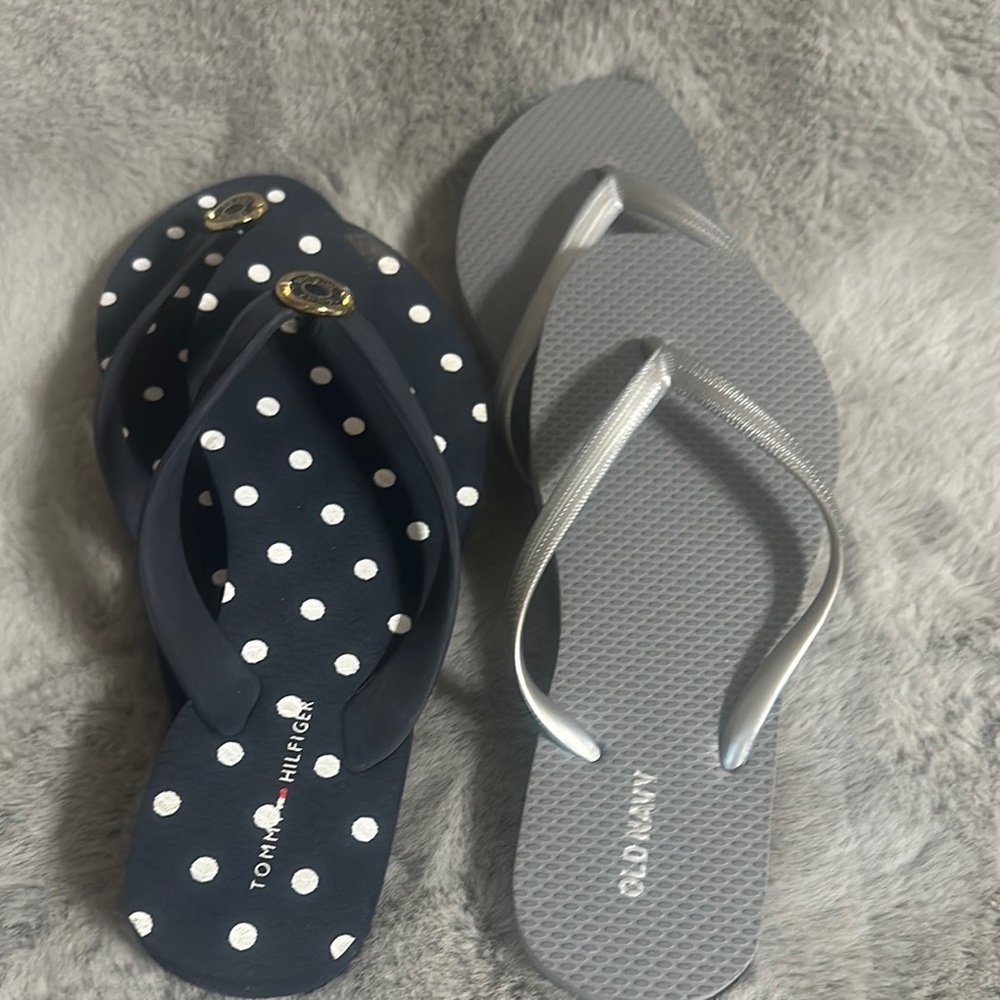 Tommy Hilfiger Navy Polka Dot Sandals & Old Navy gray sandals